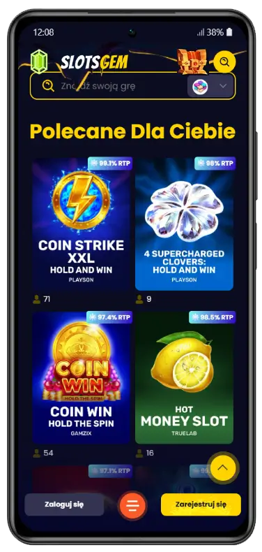 Polecane automaty w SlotsGem Casino Sekcja Polecane Dla Ciebie w aplikacji mobilnej SlotsGem z czterema automatami: Coin Strike XXL (99,1% RTP), 4 Supercharged Clovers (98% RTP), Coin Win (97,4% RTP) i Hot Money Slot (98,5% RTP) od dostawców Playson, Gamzix i Truelab