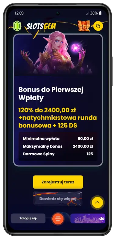 Bonus powitalny na pierwszy depozyt w SlotsGem Strona promocji SlotsGem Casino z postacią fantasy i szczegółami oferty: Bonus do Pierwszej Wpłaty 120% do 2400 zł + natychmiastowa runda bonusowa + 125 darmowych spinów, minimalna wpłata 80 zł, przycisk Zarejestruj teraz