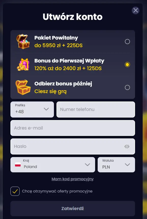 Rejestracja konta w SlotsGem Casino Formularz rejestracji SlotsGem Casino z trzema opcjami bonusowymi: Pakiet Powitalny do 5950 zł + 225 darmowych spinów, Bonus do Pierwszej Wpłaty 120% do 2400 zł + 125DS oraz opcja bez bonusu — pola na numer telefonu, e-mail, hasło, kraj Poland i walutę PLN